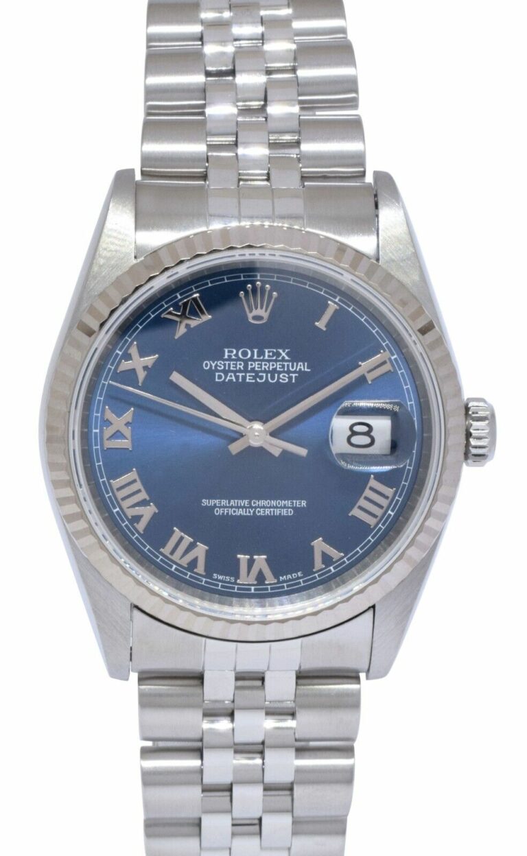 Rolex Datejust Steel 
18k White Gold Bezel Blue Roman Dial 36mm Watch U 16234