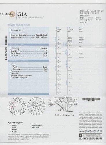 1.07 Carat Round Brilliant Diamond H SI2 GIA