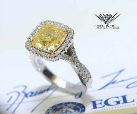 4.52 Carat Fancy Yellow Cushion Brilliant Diamond Platinum Ring Size 6.5 EGL USA