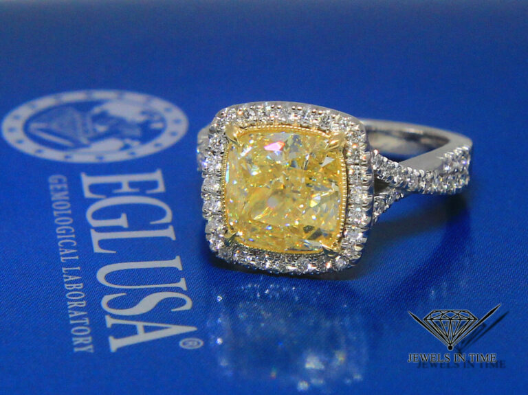 4.52 Carat Fancy Yellow Cushion Brilliant Diamond Platinum Ring Size 6.5 EGL USA