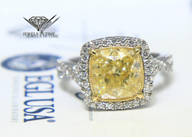 4.52 Carat Fancy Yellow Cushion Brilliant Diamond Platinum Ring Size 6.5 EGL USA