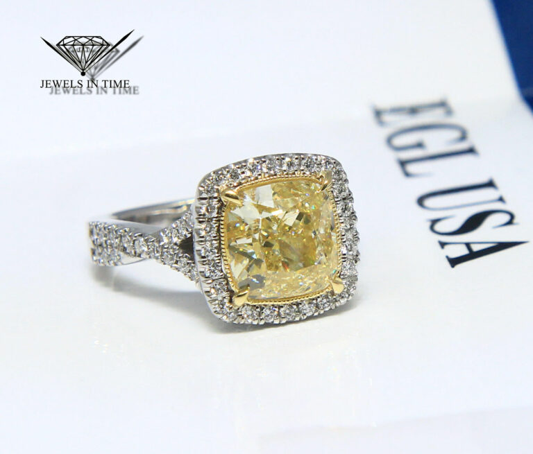 4.52 Carat Fancy Yellow Cushion Brilliant Diamond Platinum Ring Size 6.5 EGL USA