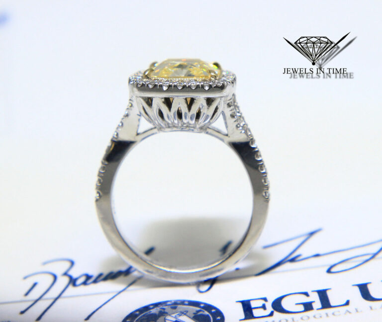 4.52 Carat Fancy Yellow Cushion Brilliant Diamond Platinum Ring Size 6.5 EGL USA