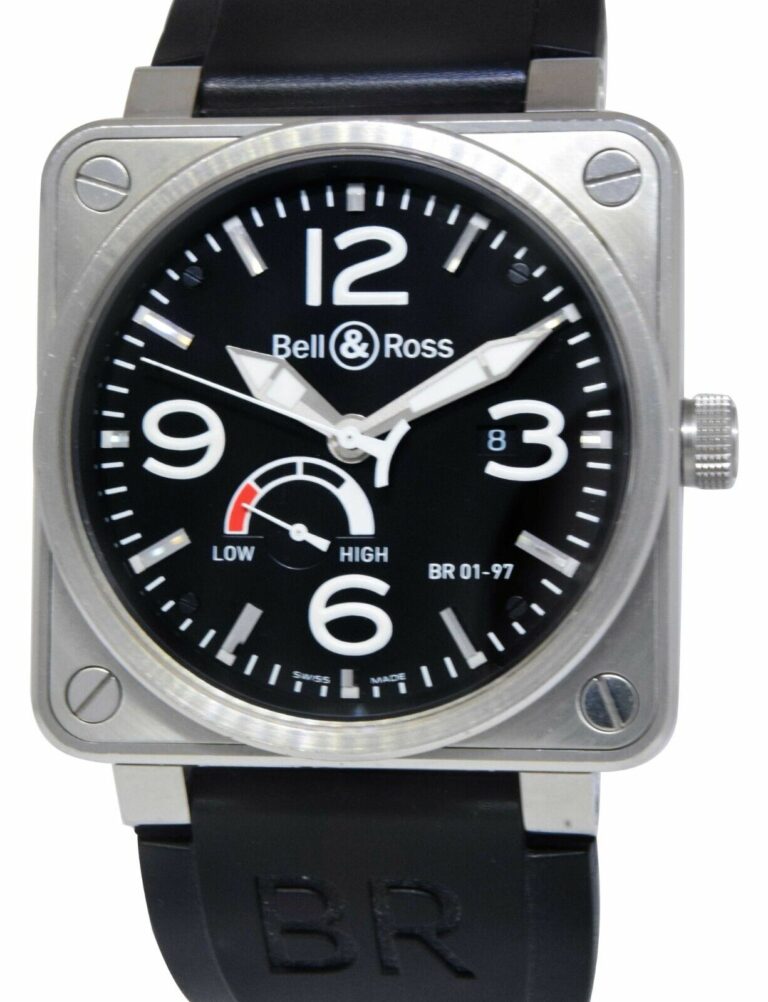 Bell 
Ross Aviation Steel Power Reserve Black Dial Mens 46mm Watch BR01-97