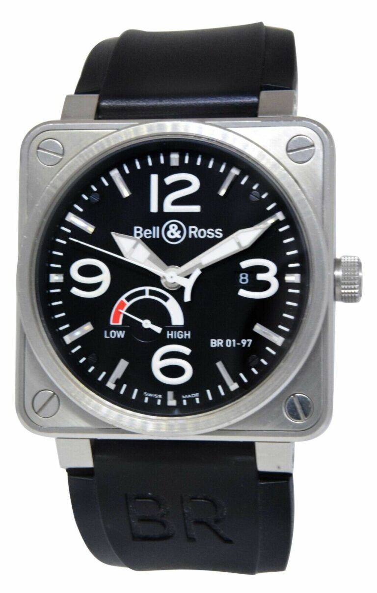 Bell 
Ross Aviation Steel Power Reserve Black Dial Mens 46mm Watch BR01-97