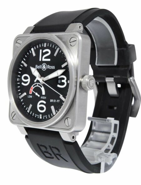 Bell & Ross Aviation Steel Power Reserve Black Dial Mens 46mm Watch BR01-97