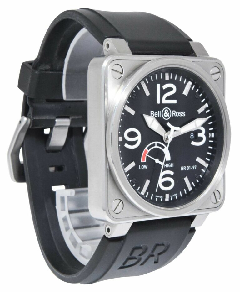 Bell 
Ross Aviation Steel Power Reserve Black Dial Mens 46mm Watch BR01-97