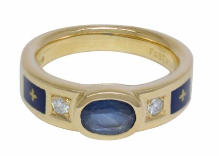 Faberge Sapphire 
Diamond 18k Yellow Gold Blue Enamel Ring Size 7