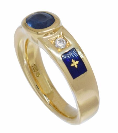 Faberge Sapphire & Diamond 18k Yellow Gold Blue Enamel Ring Size 7