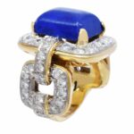 18k Yellow Gold Rectangular Sodalite 
Ring 3.25ct Diamond Ring Size 5.75