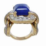 18k Yellow Gold Rectangular Sodalite 
Ring 3.25ct Diamond Ring Size 5.75