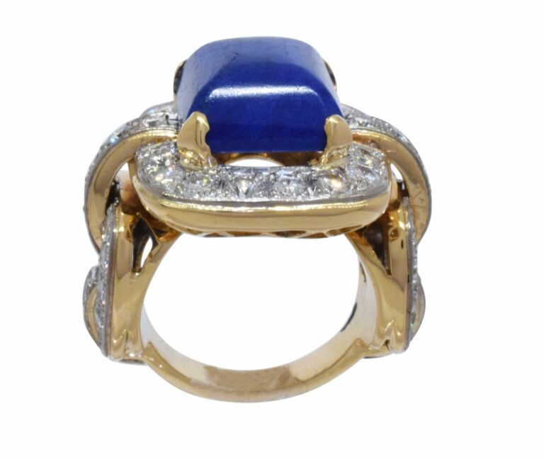 18k Yellow Gold Rectangular Sodalite 
Ring 3.25ct Diamond Ring Size 5.75