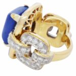 18k Yellow Gold Rectangular Sodalite 
Ring 3.25ct Diamond Ring Size 5.75