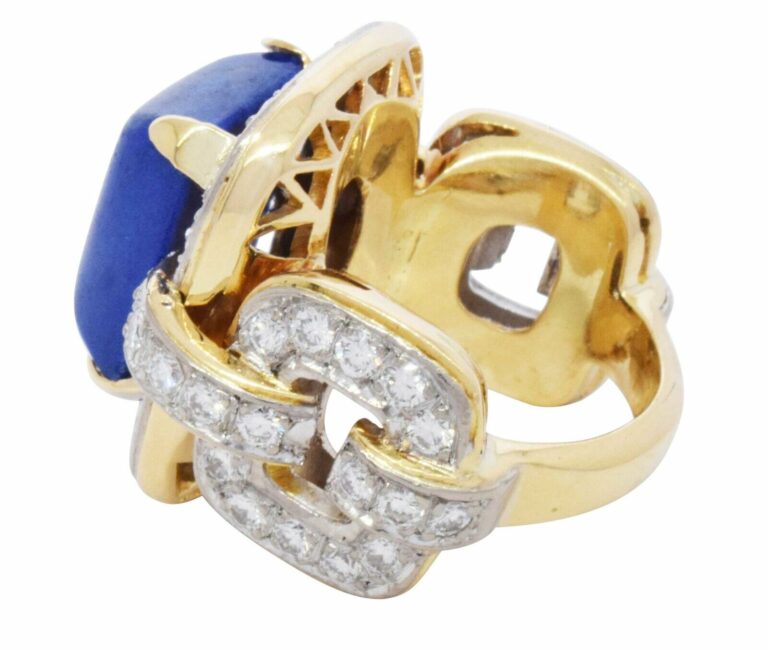 18k Yellow Gold Rectangular Sodalite 
Ring 3.25ct Diamond Ring Size 5.75