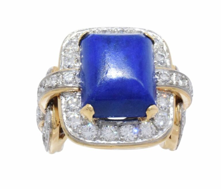 18k Yellow Gold Rectangular Sodalite 
Ring 3.25ct Diamond Ring Size 5.75