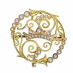 18K Yellow Gold Seed Pearl Brooch Crown Design