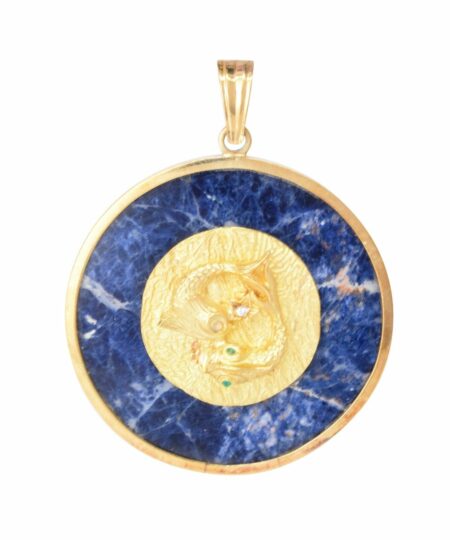 18k YG Pieces Medallion w Diamond  And Emerald  On Sodalite Gold Frame 2.5 in