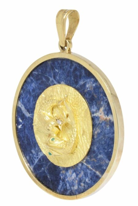 18k YG Pieces Medallion w Diamond  And Emerald  On Sodalite Gold Frame 2.5 in