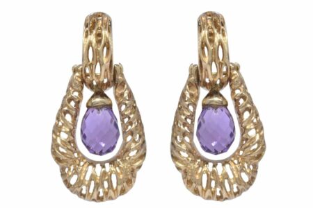 Amethyst Briolette Door Knocker Earrings in 14k Yellow Gold