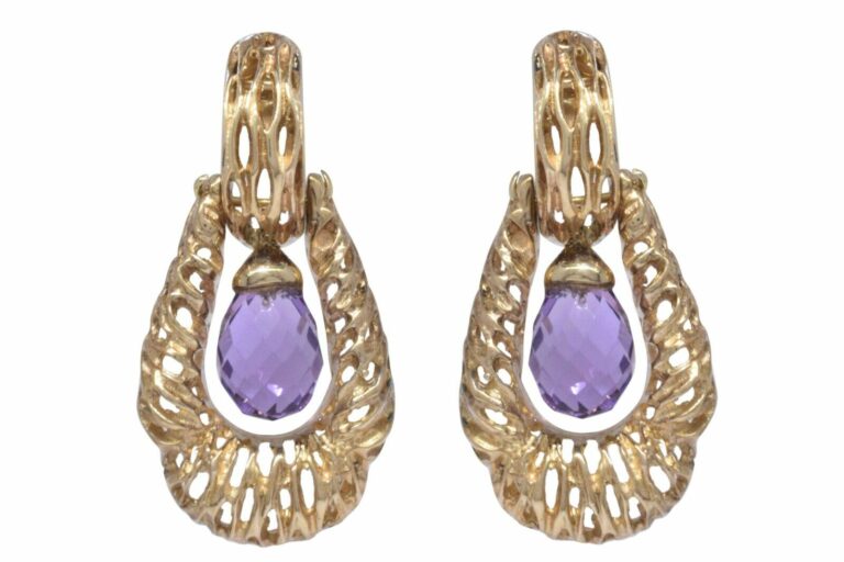 Amethyst Briolette Door Knocker Earrings in 14k Yellow Gold