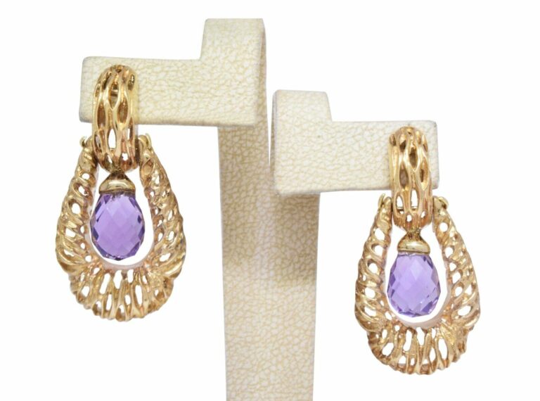 Amethyst Briolette Door Knocker Earrings in 14k Yellow Gold