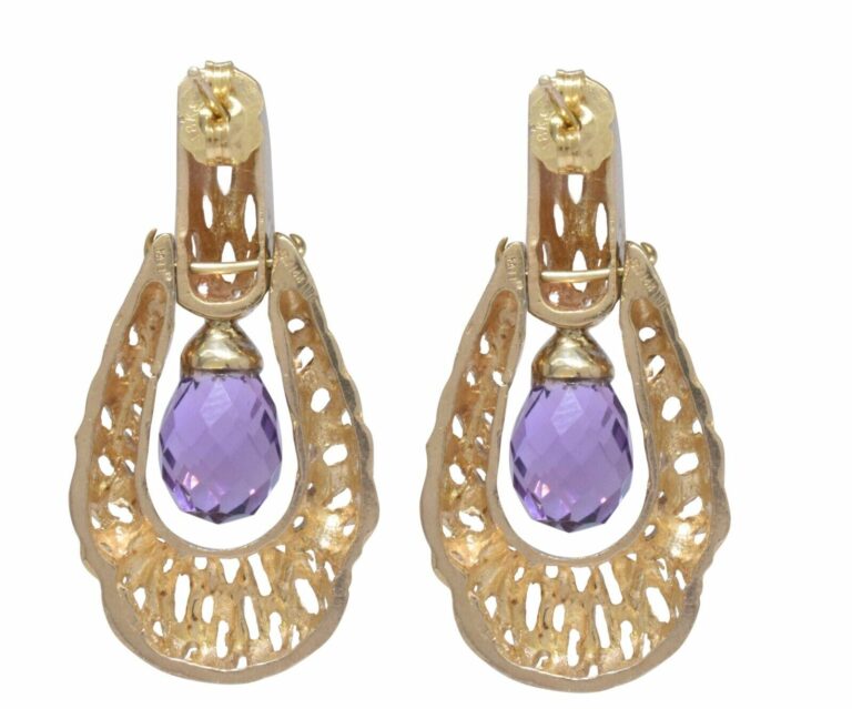 Amethyst Briolette Door Knocker Earrings in 14k Yellow Gold