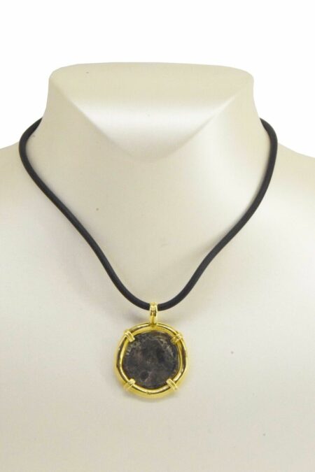 Antique Silver Coin Necklace in 18k Yellow Gold with 15'' Rubber Cord