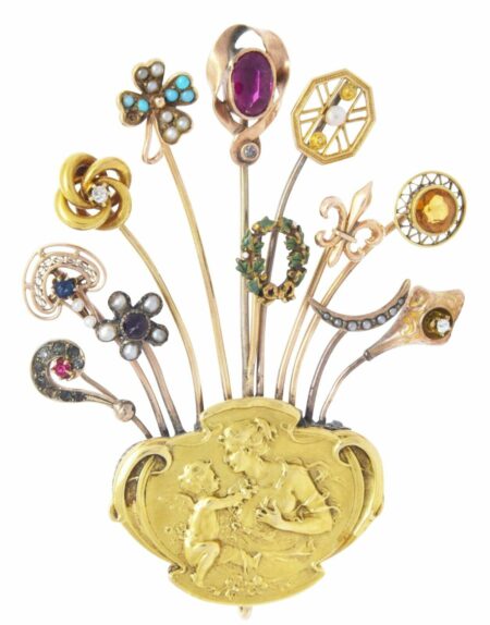 Art Nouveau Brooch 14k Yellow Gold with 12 Stickpins