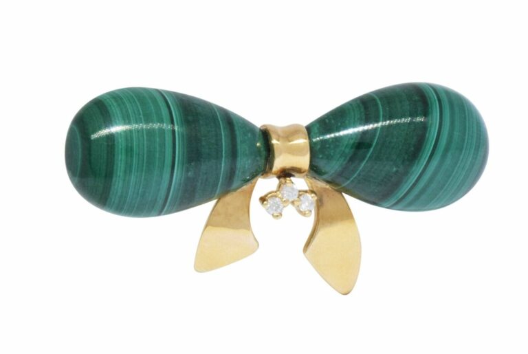 Bow Tie Pin 14k Yellow Gold Diamond 
Malachite