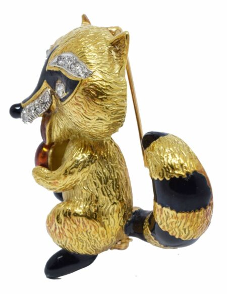 Brooch 18K Yellow Gold Diamond & Enamel Racoon