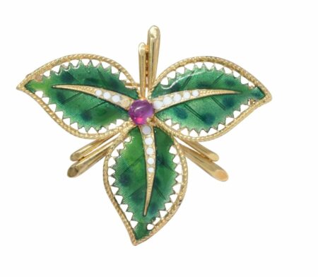 Brooch Poinsettia 14k Yellow Gold Ruby 
Enamel