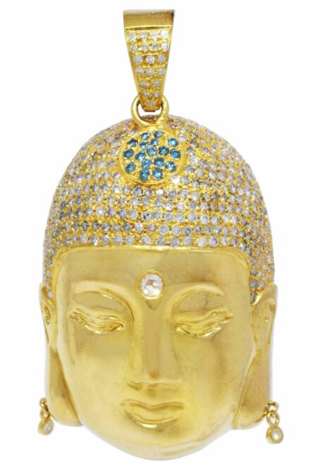 Buddah Pendant 18k Yellow Gold Pave White 
Blue Diamonds