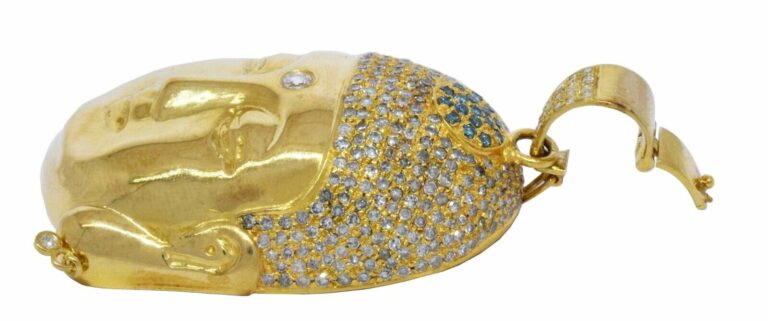 Buddah Pendant 18k Yellow Gold Pave White 
Blue Diamonds