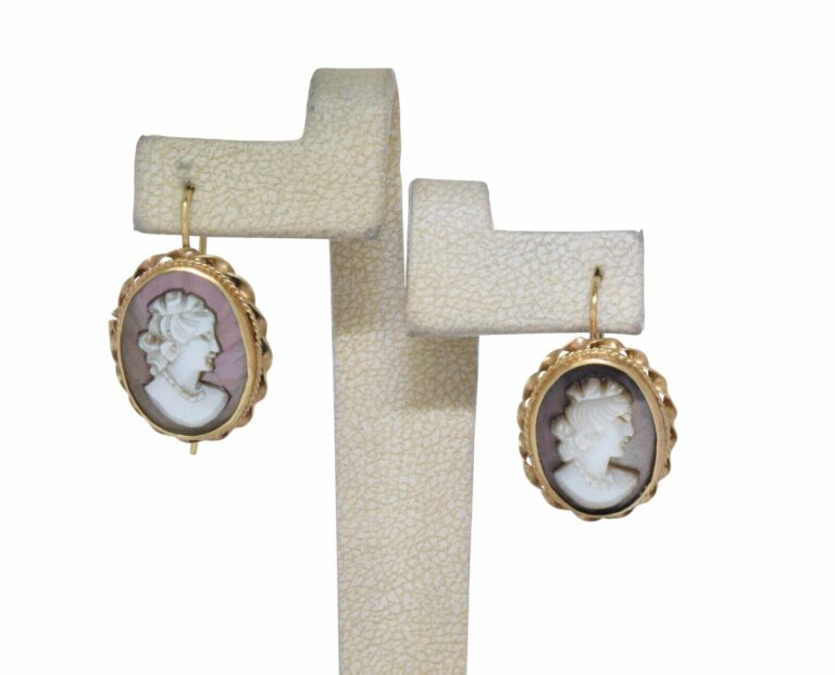 Cameo Mother of Pearl Earrings 14k Yellow Gold