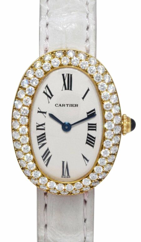 Cartier Baignoire 18k Yellow Gold 
Diamond Ivory Dial Ladies Strap Watch 3358