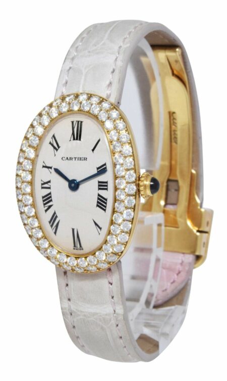 Cartier Baignoire 18k Yellow Gold & Diamond Ivory Dial Ladies Strap Watch 3358