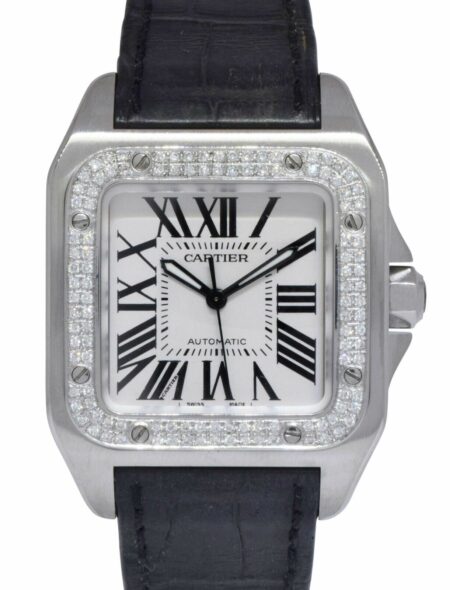 Cartier Santos 100 Steel Diamond Bezel Midsize Automatic Watch W20126x8 2878