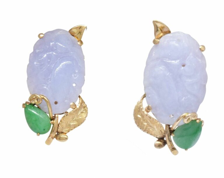 Carved Lavender Jade 
Green Jade 14k Yellow Gold Clip Earrings