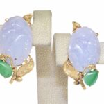 Carved Lavender Jade 
Green Jade 14k Yellow Gold Clip Earrings