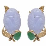 Carved Lavender Jade 
Green Jade 14k Yellow Gold Clip Earrings