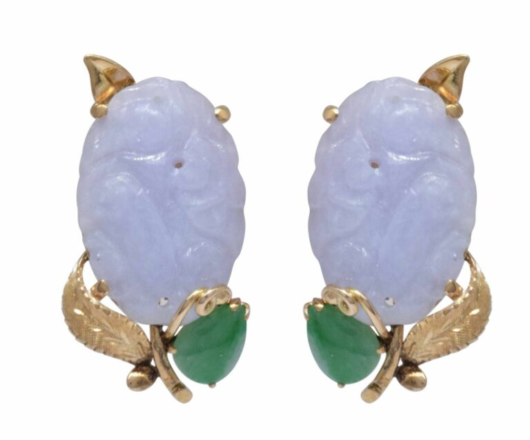 Carved Lavender Jade 
Green Jade 14k Yellow Gold Clip Earrings