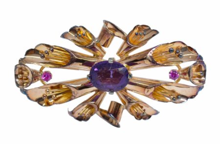 Deco Brooch 18k Rose Gold Amethyst and Ruby