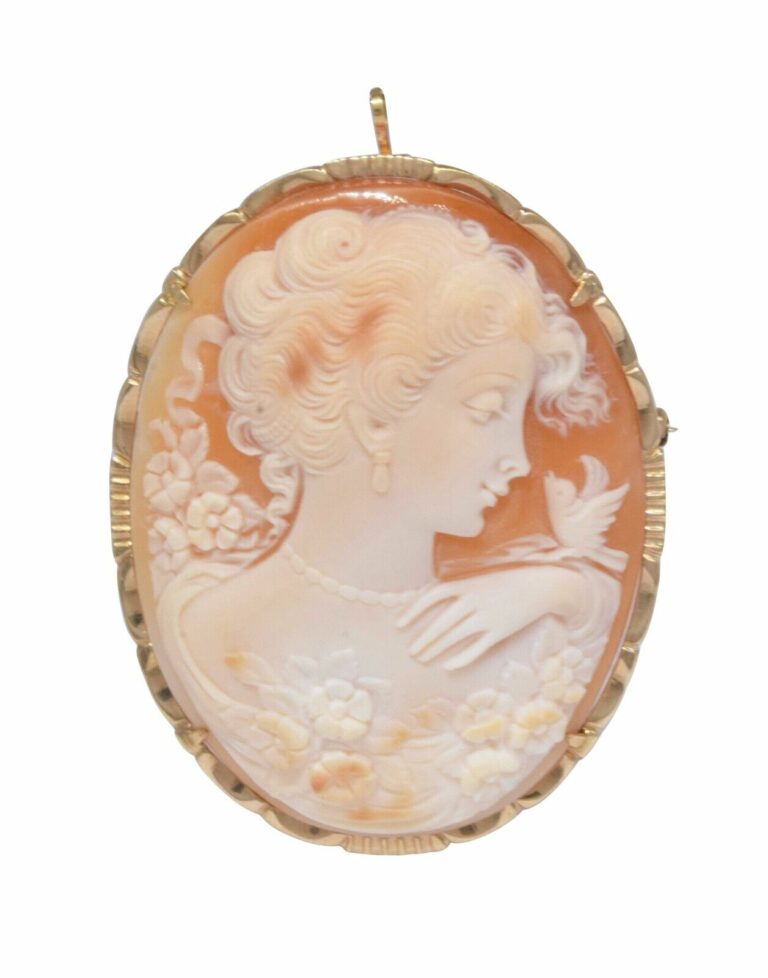 Del Gatto Shell Cameo Pendant/Pin with 14k Yellow Gold Border