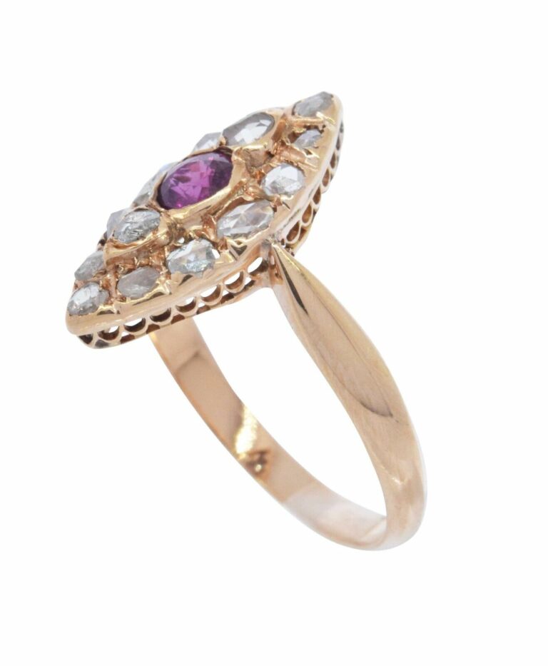 Diamond 
Ruby Marquise Shape Ladies Vintage Ring in 14k Rose Gold