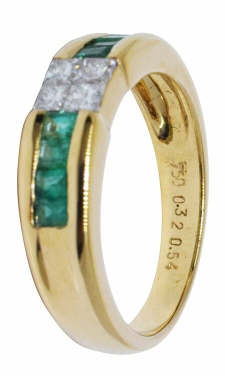 Green Emerald & Princess Cut Diamond 18k Yellow Gold Ladies Band Ring Size 6.25