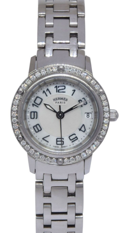 Hermes Clipper Steel MOP Dial Diamond Bezel Ladies 25mm Quartz Watch CP1.230