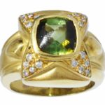 Kimberlee Teti 18k Yellow Gold Green Cabochon Tourmaline 
Diamond Ring Size 7.5