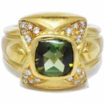 Kimberlee Teti 18k Yellow Gold Green Cabochon Tourmaline 
Diamond Ring Size 7.5