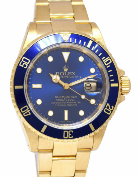 Rolex Submariner 18k Yellow Gold Blue Dial/Bezel Mens 40mm Watch B/P K 16618