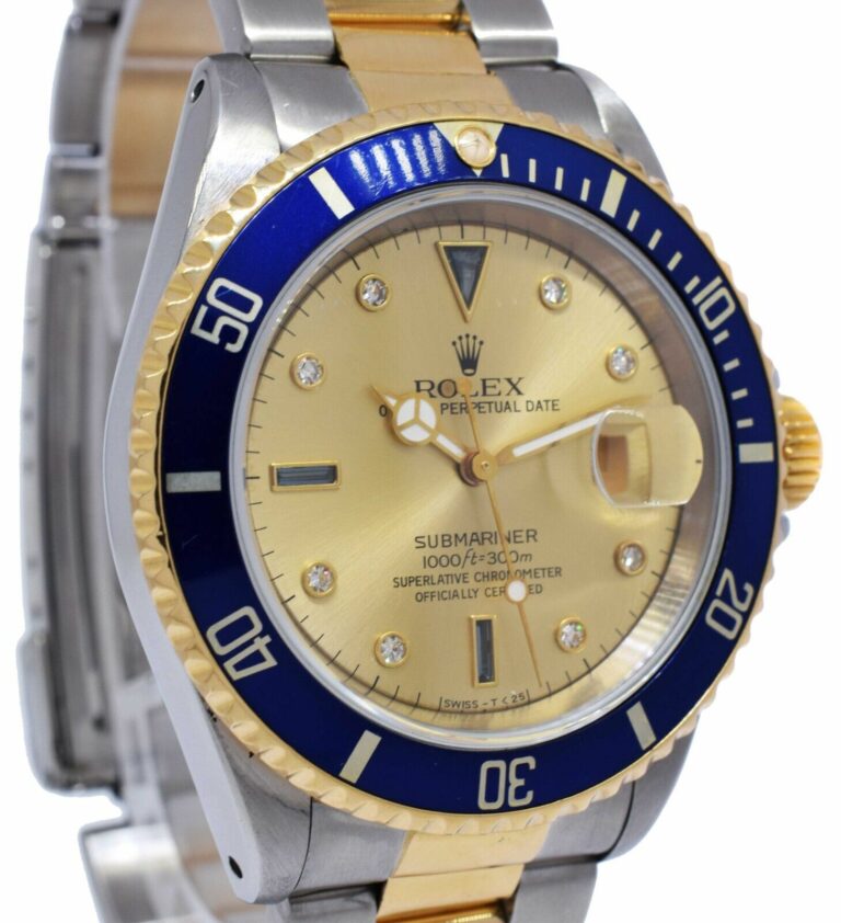 Rolex Submariner 18k Yellow Gold/Steel Serti Diamond Dial 40mm Watch N 16613